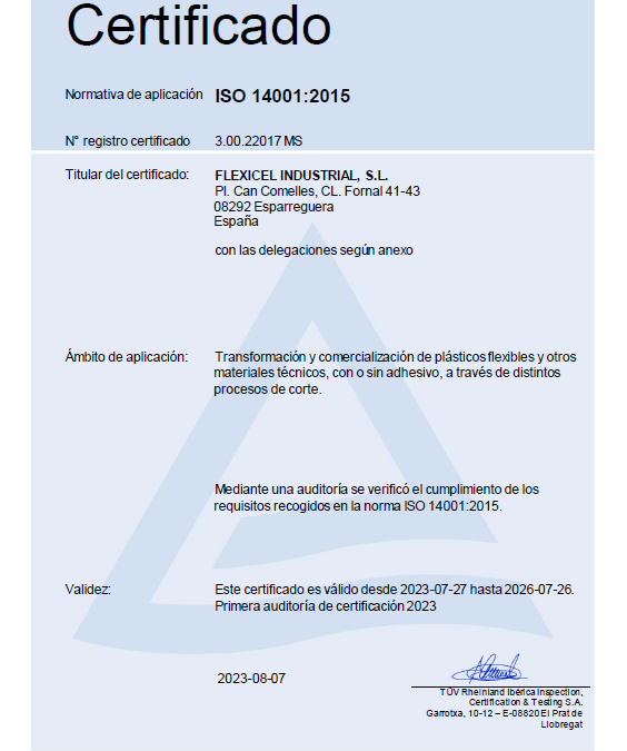 FLEXICEL INDUSTRIAL ESPAÑA recibe el certificado ISO 14001:2015