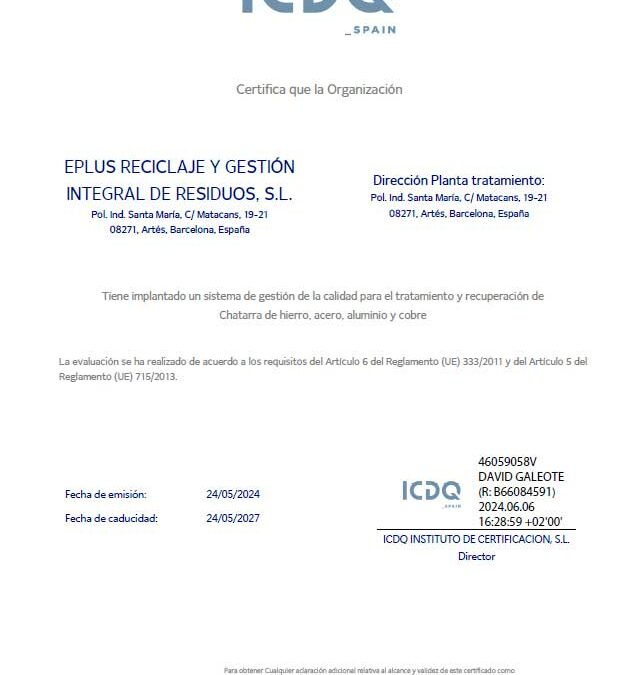 Mao Consulting Certifica a Empresas en el tratamiento y recuperación de Chatarra